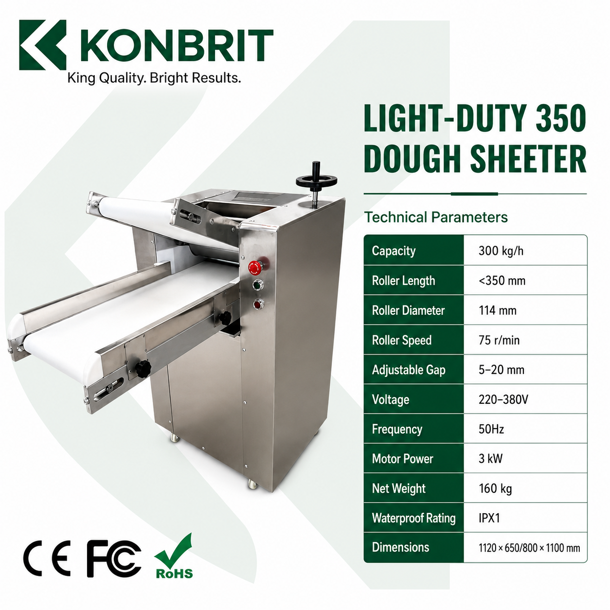 KONBRIT KBDP-350 commercial dough sheeter with technical specifications