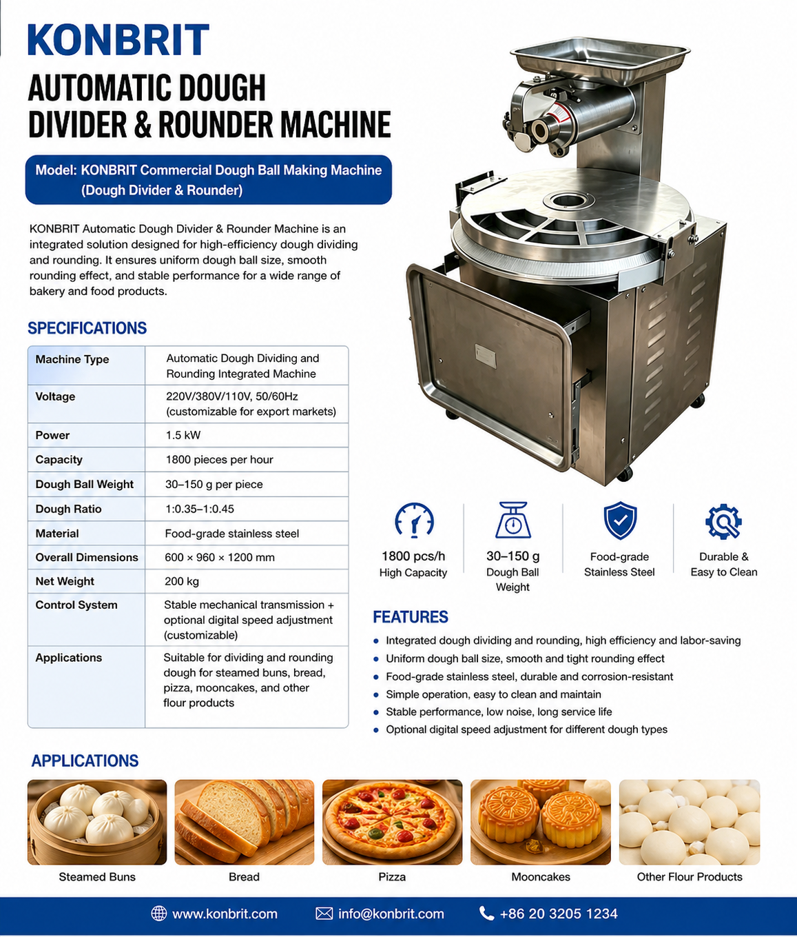 KONBRIT KB-TDSM-1 Automatic Dough Rounder - Industrial Bread & Pizza Shaping Machine