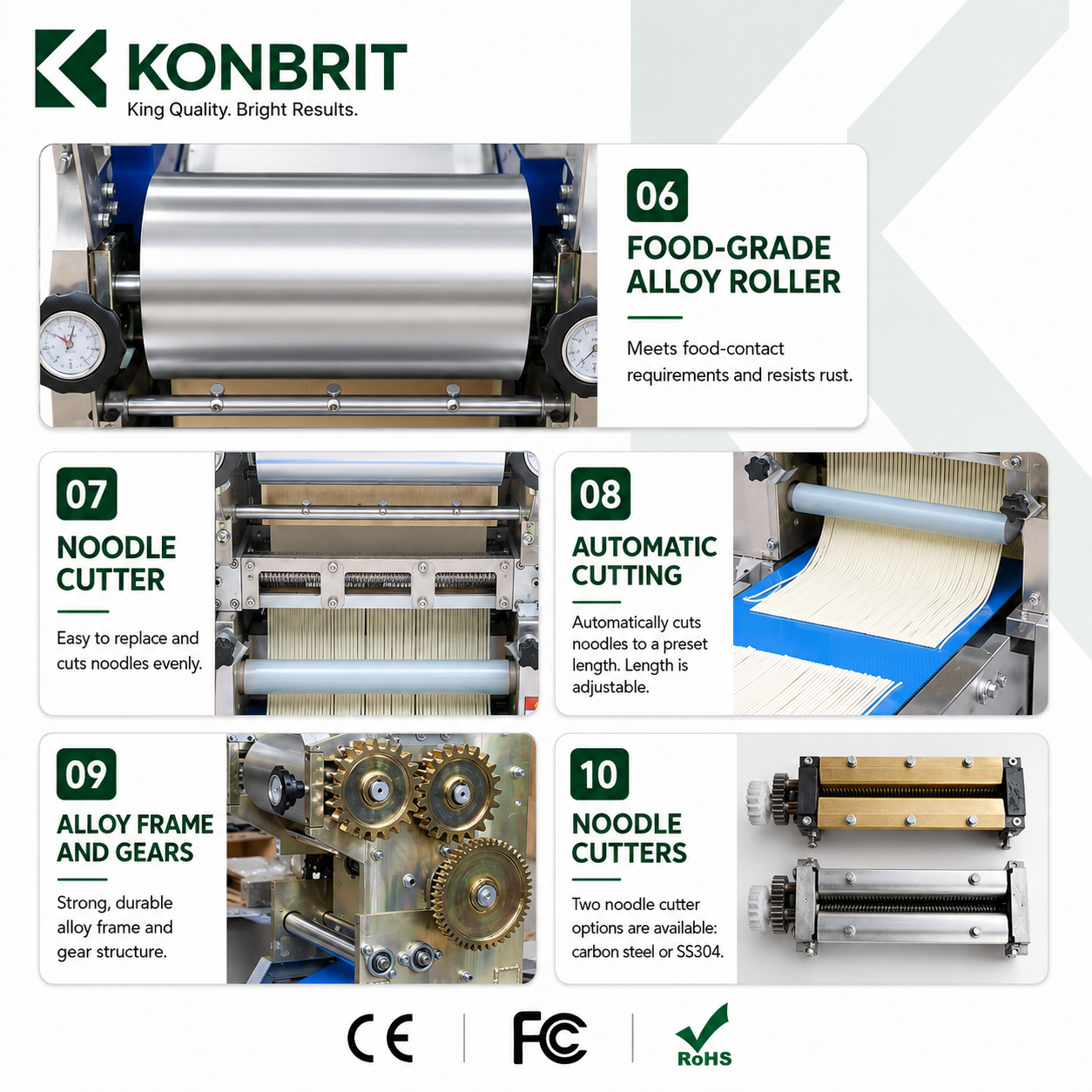 Food grade rollers and noodle cutting details for commercial noodle machine