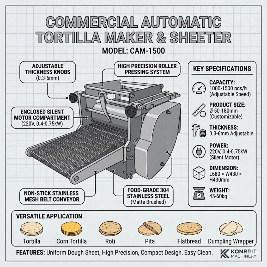 KONBRIT Automatic Corn Tortilla Maker | Commercial Desktop Taco Shell Machine (15cm-40cm)