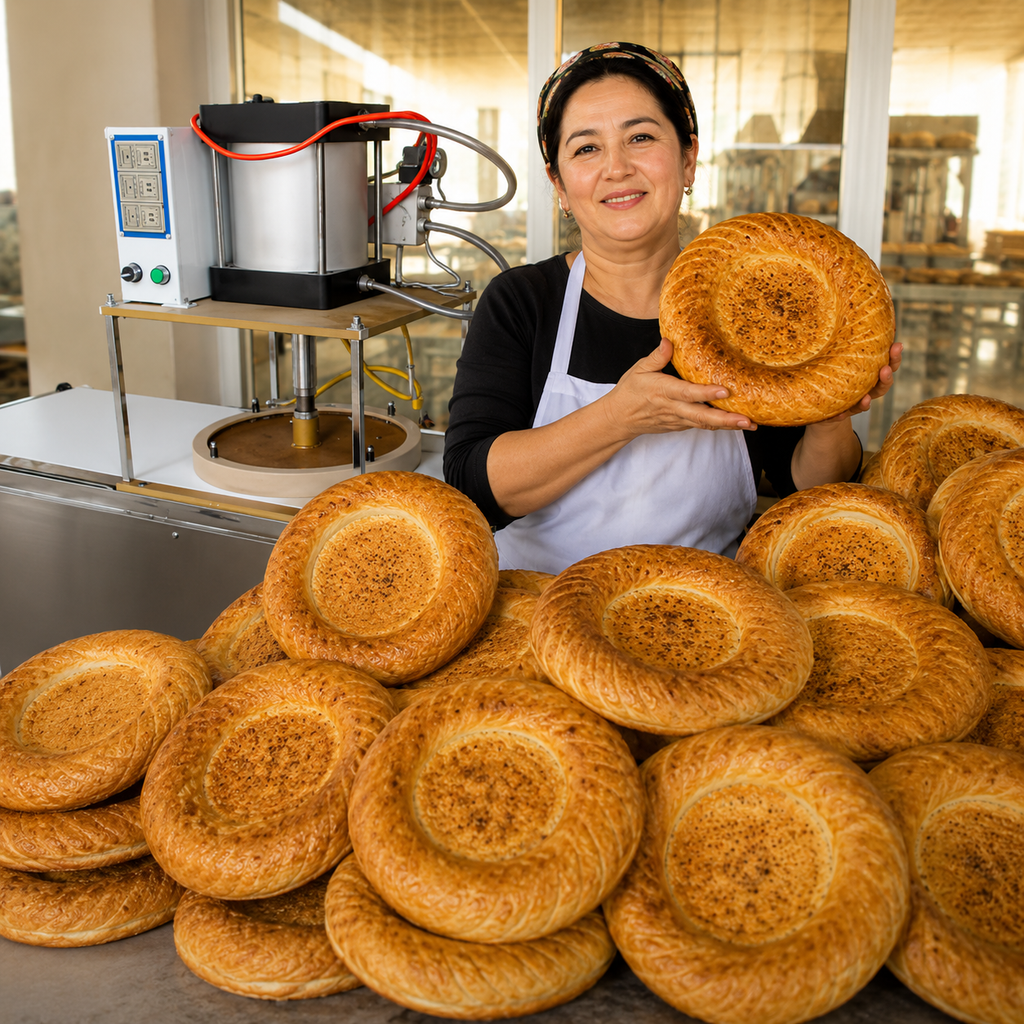 Commercial bakery flatbread production scene with KONBRIT dough press machine