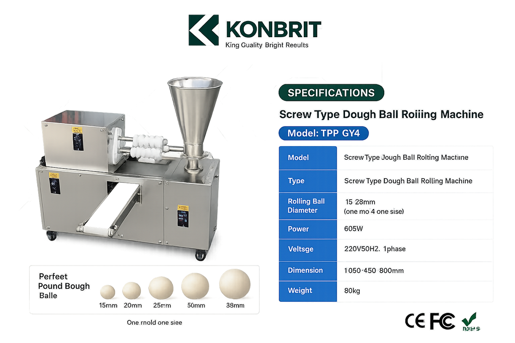 KONBRIT Automatic Spiral Dough Rounding Machine for Bun, Bread & Tangyuan