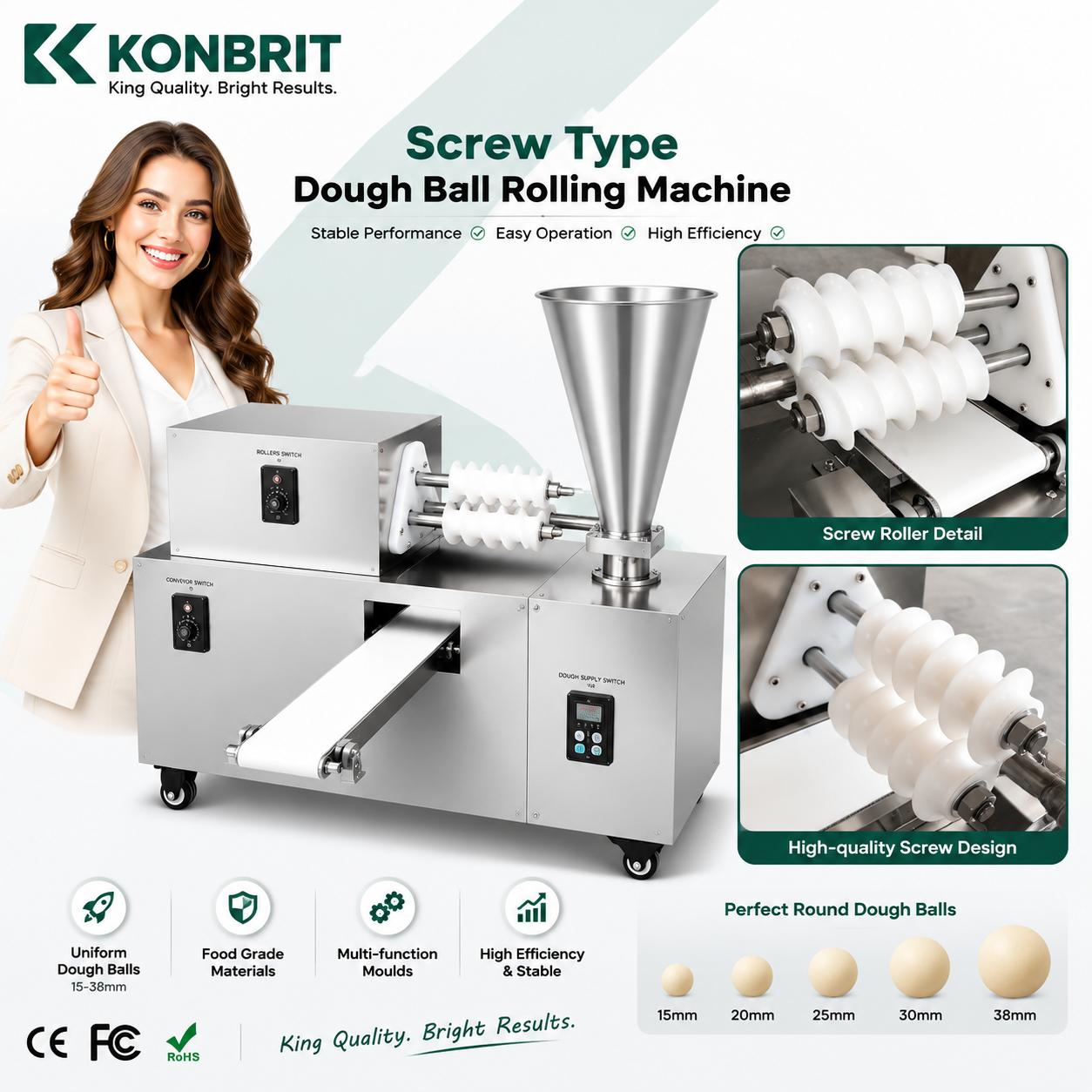 KONBRIT Automatic Spiral Dough Rounding Machine for Bun, Bread & Tangyuan
