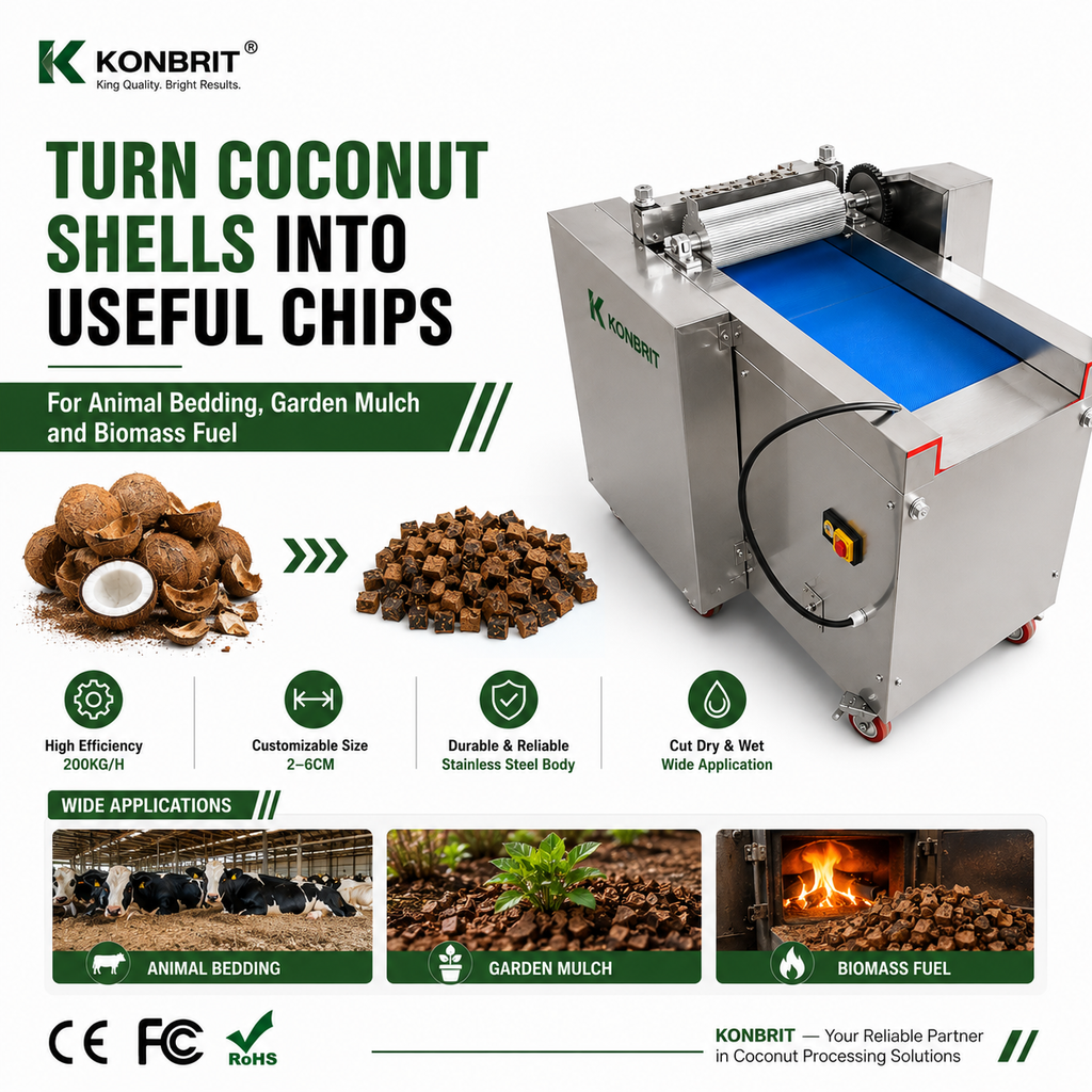 KONBRIT coconut shell cutter turning coconut shells into chips for animal bedding garden mulch and biomass fuel