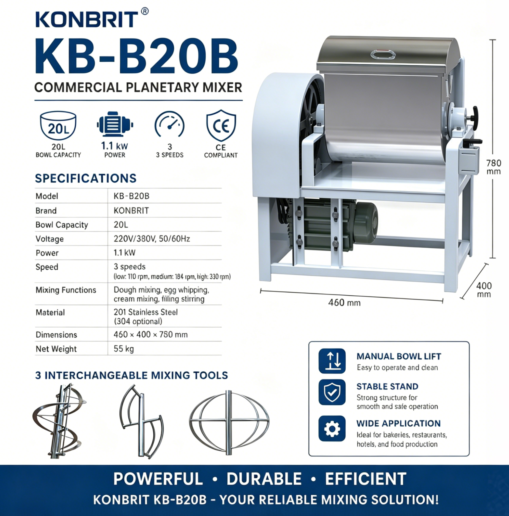 KONBRIT Professional Horizontal Dough Mixer | Stainless Steel